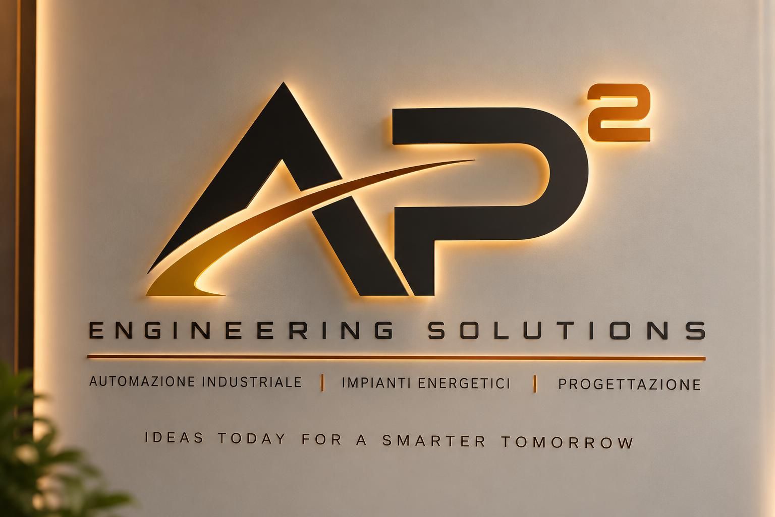 Insegna AP² Engineering Solutions, con logo antracite e rame retroilluminato